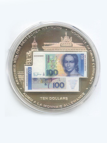 10 долларов 2001 год. Либерия. Прощание с немецкой валютой. Медно-никель с серебрением и цветной печатью