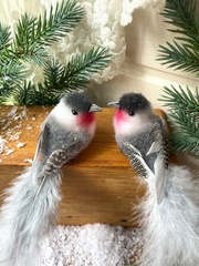 Птички серые с красной грудкой, на зажиме, перьевые, 16*4*5 см, набор 2 шт.