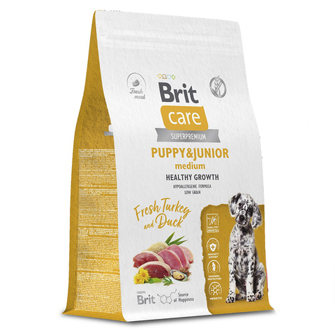 Корм Brit Care Dog Puppy&Junior M Healthy Growth с индейкой и уткой, для щенков сред. пород, 1,5 кг