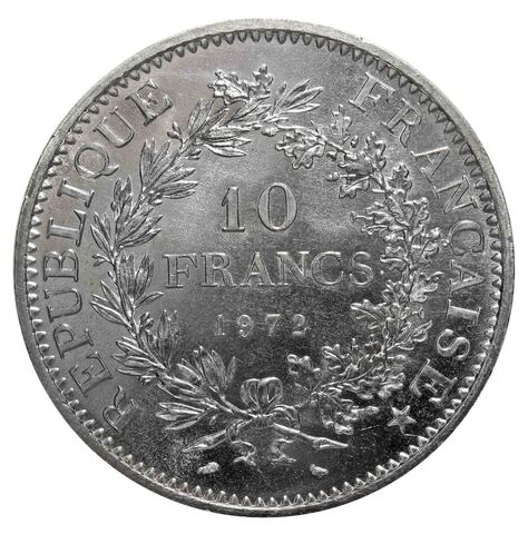 10 франков Франция. 1972 год. Серебро. UNC