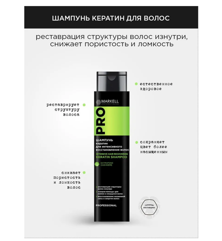 Keratin Program Prof Шампунь КЕРАТИН для интенсивного восстановления волос 400мл Markell