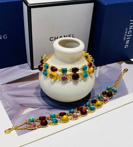 35044- Двойной браслет цепочка CARAMEL с цветными камнями