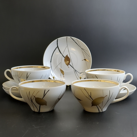 Чайные пары на 4 персоны (8 предметов) фарфор "Золотая осень", деколь, золочение, Дулево ФЗ, винтаж СССР 1970-1991 гг