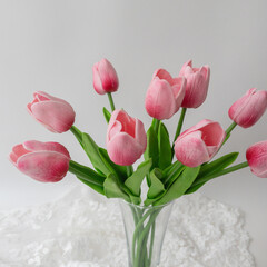 Тюльпаны реалистичные искусственные, Ярко-розовые, латексные (силиконовые), 34 см, букет из 9 штук.