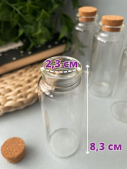 Баночки - бутылочки с пробковой крышкой, стеклянные, прозрачные 40 мл, 8*3*3 см, набор 6 штук.