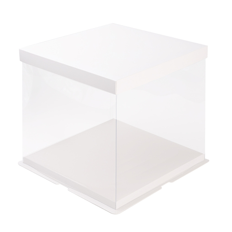 Прозрачная коробка для торта с пьедесталом (аквариум) 26*26*23 см, квадратная, белая