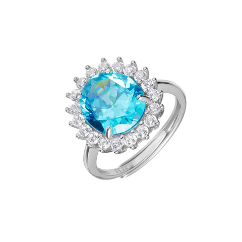 Кольцо-вечернее, серебрение 925, голубой овальный циркон, окантовка россыпь камней