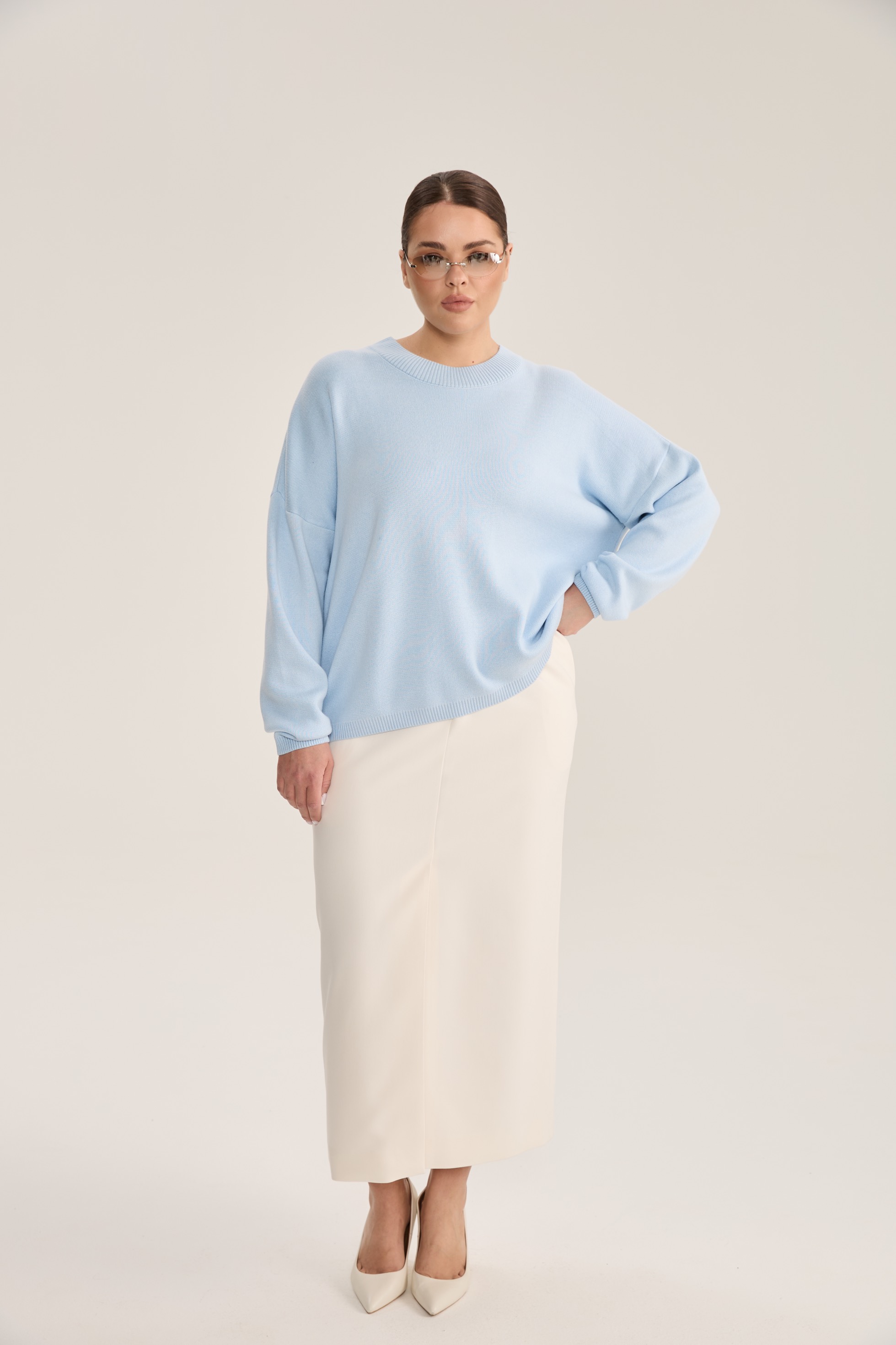Джемпер вязаный с круглым вырезом, голубой