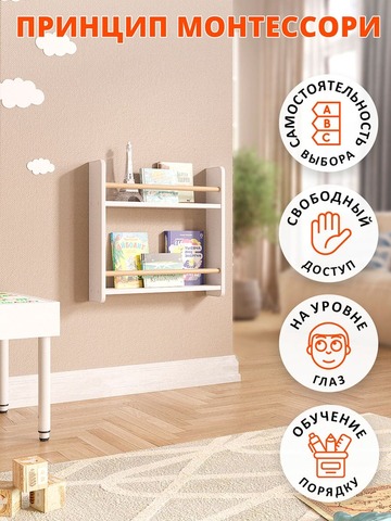 Полочка настенная детская Монтессори для книг и игрушек, размер M 3