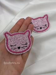 Нашивка розовая с блестками котёнок 5х4,5 см