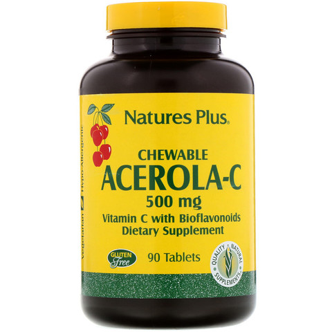 Nature's Plus, Ацерола-C в жевательной форме, витамин C с биофлавоноидами, 500 мг, 90 таблеток