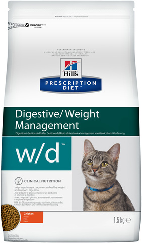 купить хиллс Hill’s™ Prescription Diet™ w/d Digestive/Weight Managemen with Chicken сухой корм для взрослых кошек, диетический рацион при сахарном диабете, запорах, колитах 1.5 кг
