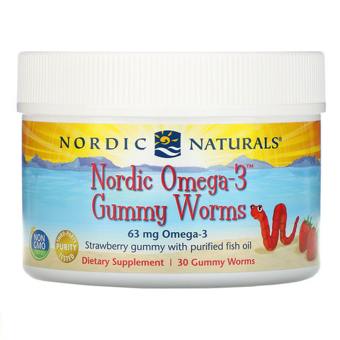 Nordic Naturals, Жевательные червячки Nordic Omega-3 со вкусом клубники, 63 мг, 30 жевательных червячков