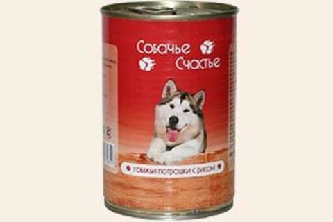 Собачье счастье Говяжьи потрошки с рисом, 410г (упаковка 20 банок)