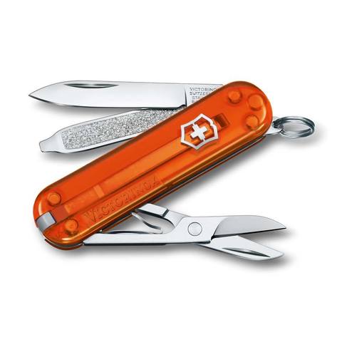 Нож-брелок Victorinox Classic SD Transparent Colors, Fire Opal (0.6223.T82G) 7 функций, 58 мм. в сложенном виде, цвет оранжевый полупрозрачный | Wenger-Victorinox.Ru