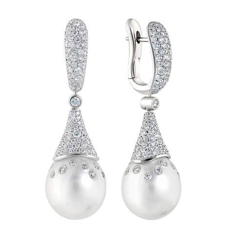 Серьги с Морским Белым Жемчугом и Бриллиантами, E0249-1/1