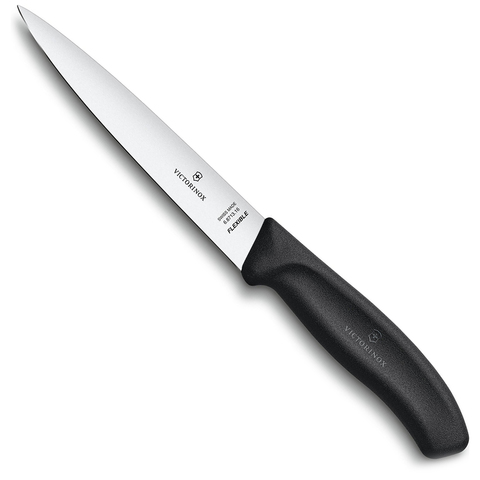 Нож Victorinox филейный, гибкое лезвие 16 см прямое, чёрный, в блистере