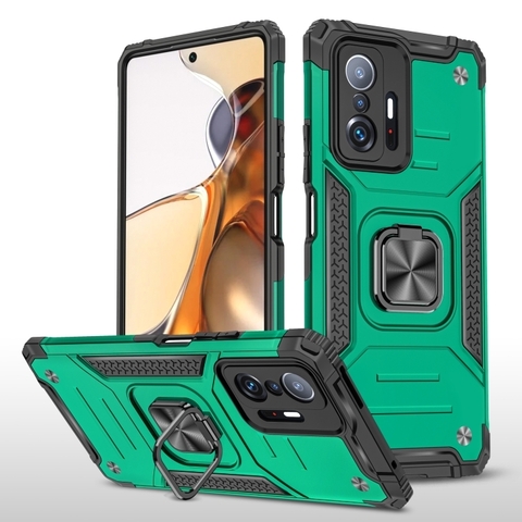 Противоударный чехол Strong Armour Case с кольцом для Xiaomi 11T, 11T Pro (Зеленый)