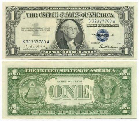 Банкнота США 1 доллар (серебряный сертификат) 1957 S 32337783 A. VF-XF (надрыв)