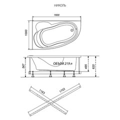 ВАННА АКРИЛОВАЯ НИКОЛЬ NEW 1600х1000 ПРАВАЯ с каркасом и сифоном