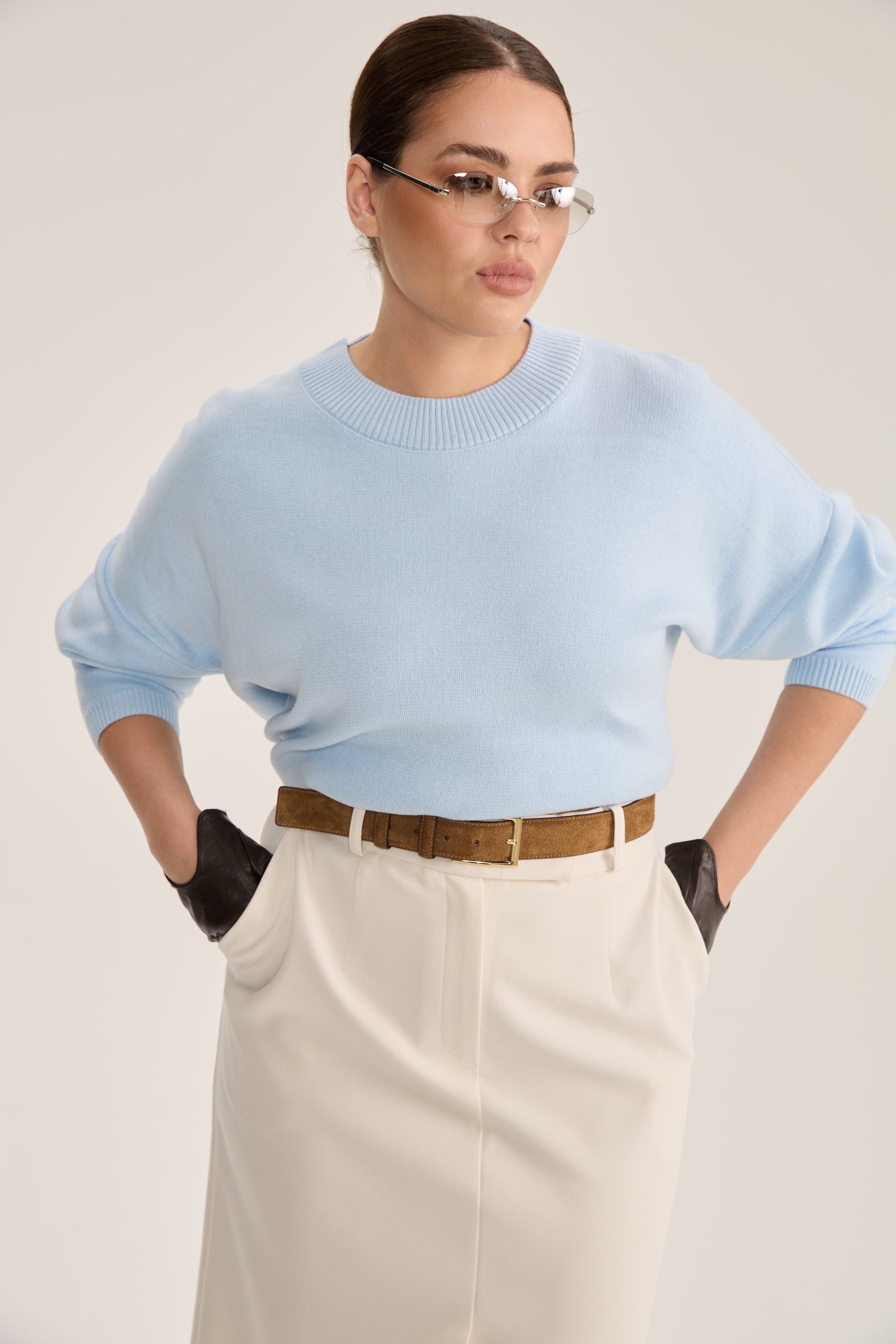 Джемпер вязаный с круглым вырезом, голубой