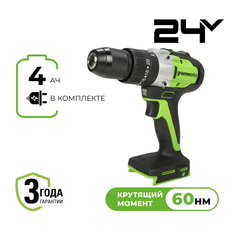 Дрель-шуруповерт ударная акк. Greenworks GD24DD60, 24V, б/щет, 30/60Нм, 1х4Ач, ЗУ, кор (3704107CUB)