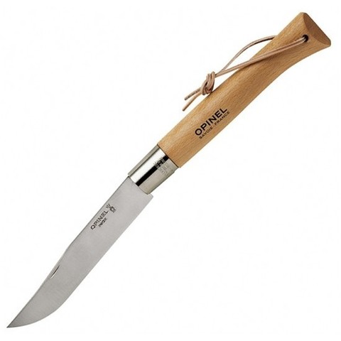 Нож Opinel №13, рукоять из бука, кожаный темляк