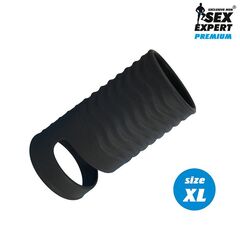 Черная открытая насадка на пенис с кольцом для мошонки XL-size - 8,9 см. - 