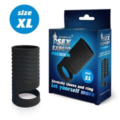 Черная открытая насадка на пенис с кольцом для мошонки XL-size - 8,9 см. - 