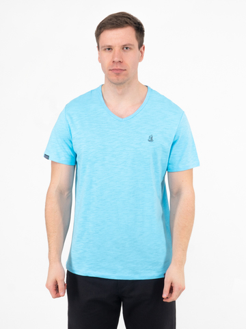 Мужская футболка «Великоросс»  ярко-бирюзового цвета V ворот