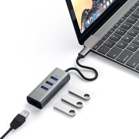 USB-хаб  Satechi USB-C 2-in-1 USB 3.0 Aluminum 3x USB и Ethernet, серый космос