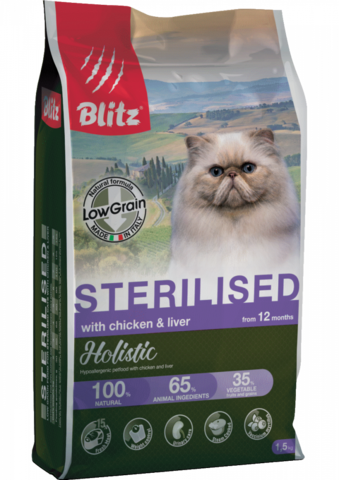 Blitz Holistic Chicken & Liver Sterilised Cat (Low Grain), кошки, сухой, курица и печень (400 г)