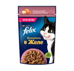 Felix Sensations пауч для взрослых кошек лосось,треска кусочки в желе 75 г