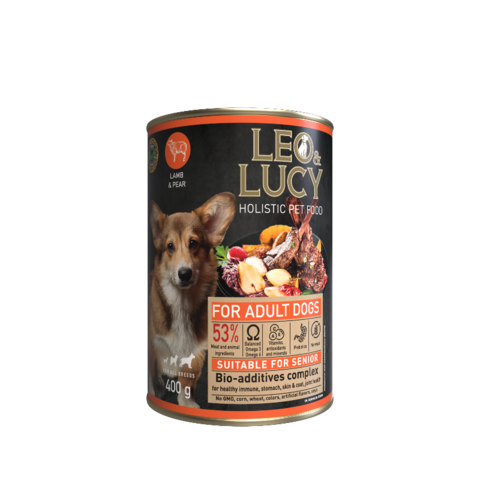 LEO&LUCY влажный холистик корм консервированный полнорационный - паштет для взрослых собак всех пород с ягненком, грушей и биодобавками, подходит пожилым, 400 г.