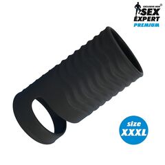 Черная открытая насадка на пенис с кольцом для мошонки XXXL-size - 9,9 см. - 