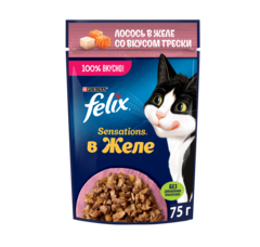 Felix Sensations пауч для взрослых кошек лосось,треска кусочки в желе 75 г