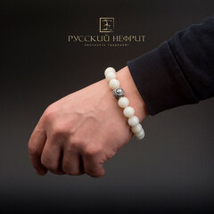 Браслет "Православный". Белый нефрит. Бусины 12мм.