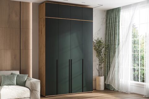 Норд Шкаф 4-х ств.(1600) с АНТРЕСОЛЬЮ (Изумрудный (КРОМКА ИЗУМРУД), Дуб Крафт)