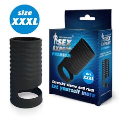 Черная открытая насадка на пенис с кольцом для мошонки XXXL-size - 9,9 см. - 