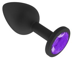 Чёрная анальная втулка с фиолетовым кристаллом - 7,3 см. - 