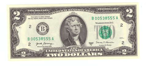 Счастливая банкнота 2 доллара 2017A красивый номер В 00538555 А aUNC