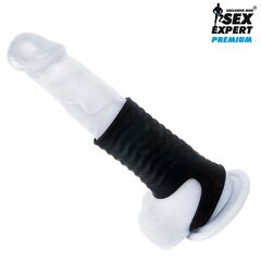 Черная открытая насадка на пенис с кольцом для мошонки XXXL-size - 9,9 см. - 
