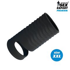 Черная открытая насадка на пенис с кольцом для мошонки XXL-size - 9,4 см. - 