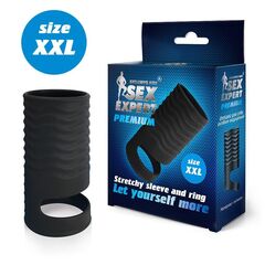 Черная открытая насадка на пенис с кольцом для мошонки XXL-size - 9,4 см. - 