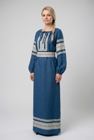 Синее платье в русском стиле