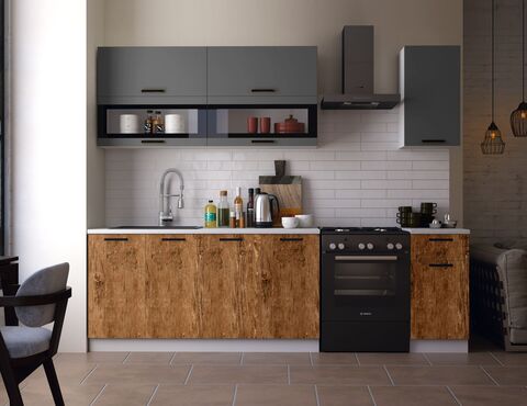 Кухня Техно 2,0м (490) Компоновка №2 (Графит софт NEW/Экзотическое дерево Амазония, Белый (Антарес))