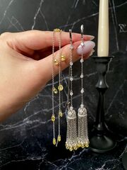 4636- Серьги-кисточки из серебра с желтыми капельками из цирконов огранки бриолет