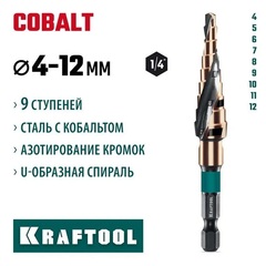 KRAFTOOL COBALT 4-12мм, 9 ступеней, азотирование, винтовая спираль, сверло ступенчатое(29691-4-12-9)
