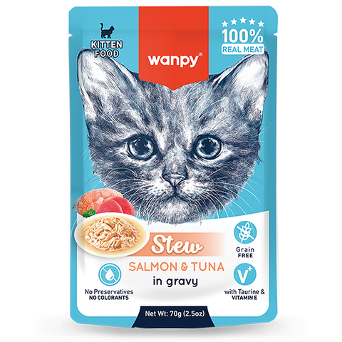 Wanpy Cat Дополнительный консервированный корм пауч для котят нежное рагу из лосося и тунца 70 г