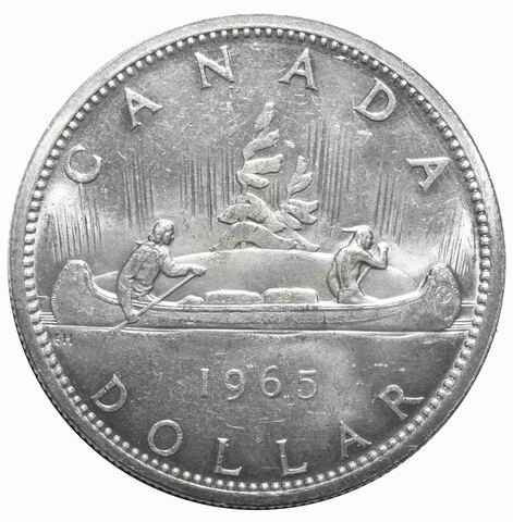1 доллар. Индейцы в каное. Канада. Серебро. 1965 год. AU-UNC